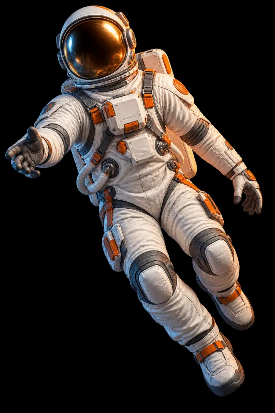 Astronauta em 3D com traje claro e detalhes coral, flutuando entre estrelas e um planeta com anéis.