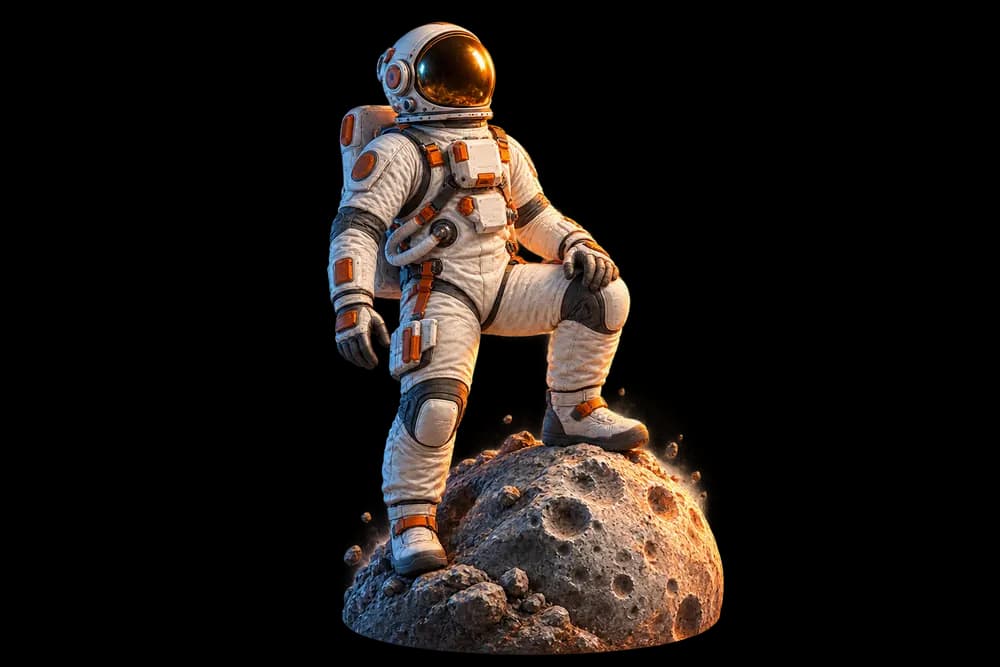 Astronauta de traje claro e detalhes coral explorando uma pequena lua rochosa iluminada.