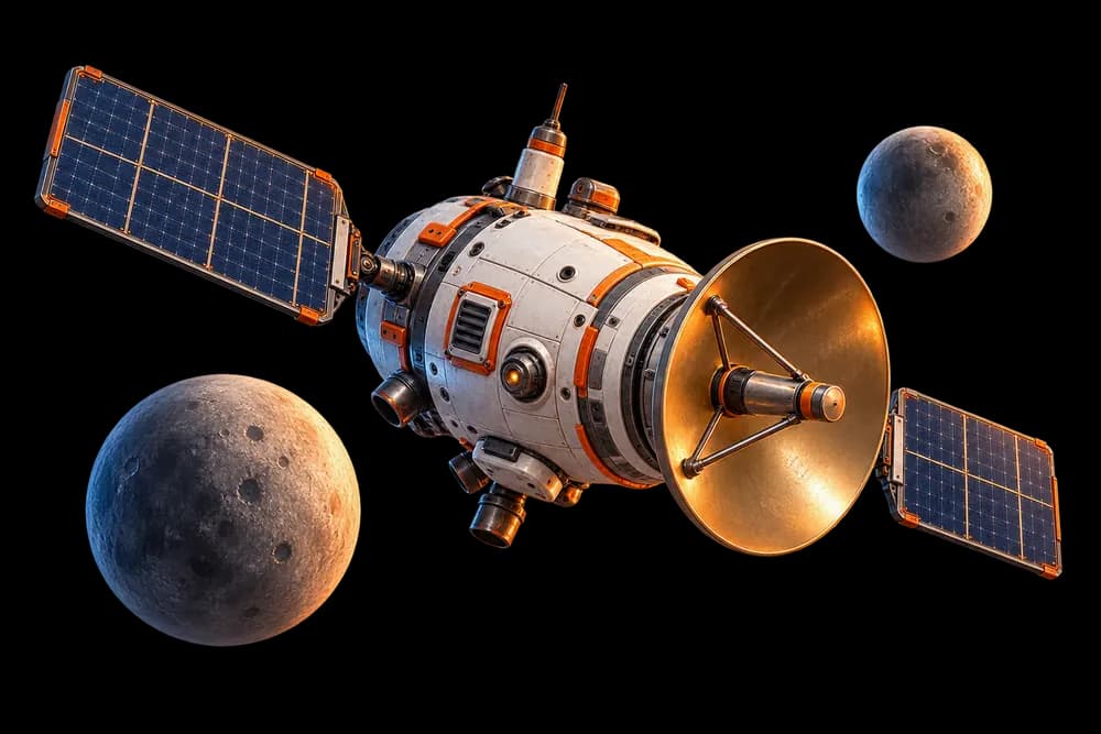 Satélite em tons marfim, coral e azul, com antena dourada e duas luas em uma composição orbital.
