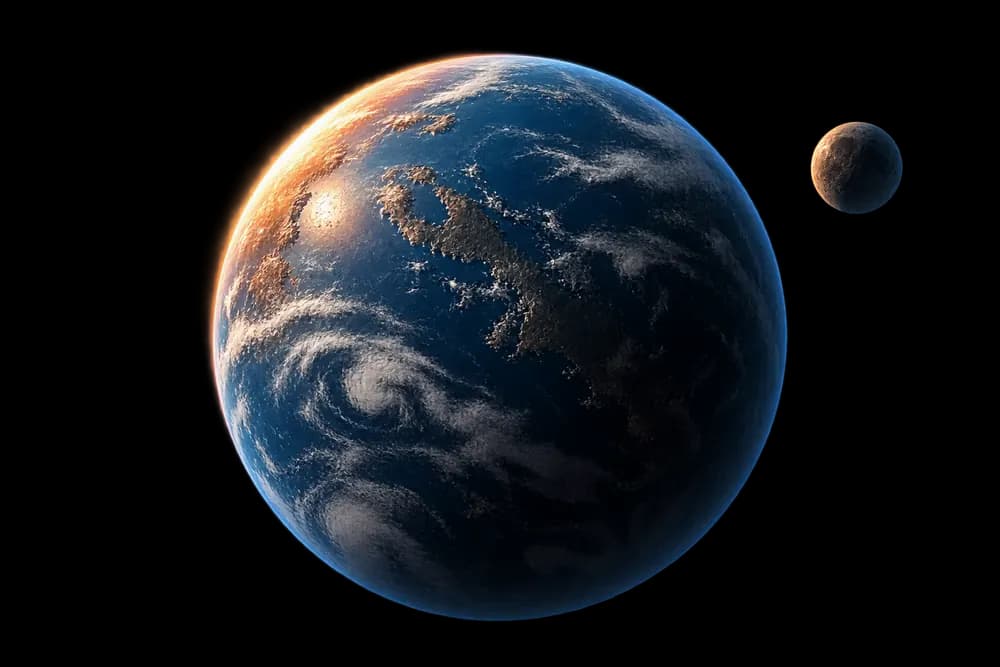 Planeta azul com horizonte iluminado em coral e uma pequena lua, em uma cena espacial 3D.